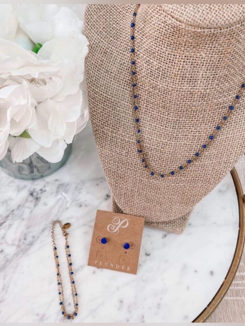 Plunder Gold Layered Necklace with Blue Sapphire Colored Beads 3 Piece Set